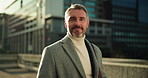 Morning, city and face of businessman with smile on commute to work, career and office in town. Professional, corporate and portrait of mature person with confidence, pride and ambition outdoor