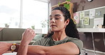 Fitness, woman and stretching on floor in home to start yoga, muscle tension relief or getting ready. Yogi, person and arm warm up in living room for pilates routine, morning exercise and preparation
