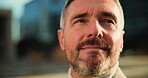 Business, mature man and thinking in city for building viewing, real estate planning and space. Realtor, face and property insight outdoor for expansion opportunity, location evaluation and decision