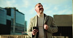 Phone, smile and walking with businessman in city to check agenda or schedule for travel. App, communication and thinking with happy mature employee outdoor in urban town for commute to work
