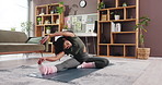 Woman, stretching and yoga for fitness in lounge for breathing exercise, body balance and wellness. Female person, warm up and prepare for pilates awareness, holistic healing and flexibility at house