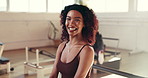 Pilates, happy and face of woman in yoga class for wellness, exercise and workout machine. Health club, smile and portrait of person in gym with confidence for training session and fitness lesson