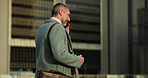 Phone call, talking and business man in city for online discussion, networking and conversation. Walking, morning commute and mature person on smartphone for consulting client, chat and communication