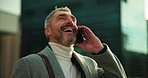 Phone call, walking and happy businessman in city for online discussion, networking and conversation. Professional, morning commute and mature person on smartphone for talking, chat and communication