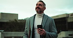 Phone, thinking and walking with businessman in city to check agenda or schedule for travel. App, communication and planning with happy mature employee outdoor in urban town for commute to work