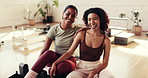 Face, women and friends in studio, fitness and support with motivation, smile and wellness. Portrait, happiness and healthy people in class, exercise and pilates with workout, training and funny