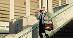 Happy, businessman and walking with phone call on staircase for conversation or discussion in city. Man, employee or talking with mobile smartphone on stairs for travel or commute to work in town