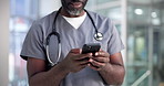 Hands, doctor and man in hospital, cellphone and typing with connection, health and email. Smartphone, social media or professional in clinic, wellness or digital app for online chatting and internet