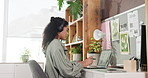 Woman, remote work and headset with laptop at house for consultation, advice and customer service. Female person, pc screen and advisor for financial faq, loan telecom and graphs for profit increase 