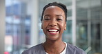 Nurse, face or woman with smile in hospital for medical service, health support or medicare pride. Medicine, black person or happy in clinic for healthcare work, about us, trust or proud professional