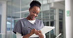 Clipboard, medical and smile of nurse black woman in hospital for insurance, notes or update. Development, healthcare and writing with happy medicine professional in clinic for agenda or planning