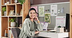 Face, smile and woman in home office for remote work as social media customer experience analyst. Portrait, virtual agent and confident freelancer with laptop screen for engagement metrics in Spain