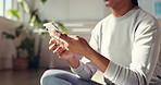 Woman, hands and phone in yoga class for communication, social media or typing on fitness app. Closeup, female person or yogi on smartphone for online chatting, texting and break for pilates blog
