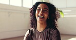 Face, funny and yoga with woman in studio for holistic exercise, inner peace or mindfulness. Healing, rest and wellness with happy person laughing on floor for awareness, fitness break or recovery