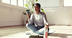 Phone, snack and woman in studio for pilates exercise with social media, networking or contact. Eating, relax and female person with cellphone for communication on mobile app with workout break.
