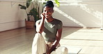 Face, smile and yoga with black woman on floor for holistic exercise, inner peace or mindfulness. Healing, rest and wellness with happy person in studio for awareness, fitness break or recovery
