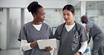 Tablet, discussion and nurses in hospital for healthcare research, diagnosis or treatment plan. Digital technology, conversation and professional female medical employees with feedback in clinic.