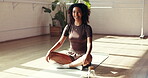 Break, face and yoga with woman in studio for holistic exercise, inner peace or mindfulness. Healing, rest and wellness with smile of happy person on wooden floor for awareness, fitness or recovery