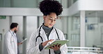African woman, surgeon and tablet at hospital for research, medical report and schedule surgery. Female person, digital and review for operation feedback, healthcare results and treatment information