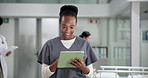 Medical, tablet and walking with nurse black woman in hospital for insurance, telehealth or update. App, development and healthcare with happy medicine professional in clinic for planning or research