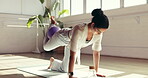 Ball, exercise and yoga with woman in studio for health, holistic routine or wellness. Equipment, fitness and flexibility with yogi person on wooden floor for balance, development or practice