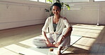 Face, rest and yoga with woman in studio for holistic exercise, inner peace or mindfulness. Healing, smile and wellness with happy person on wooden floor for awareness, fitness break or recovery