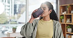 Drinking, smoothie and woman in home, healthy or hydration with liquid, wellness or nutrition fiber. Thinking, person and beverage with vitamin c, breakfast or meal replacement with protein in house