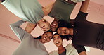 Face, funny and huddle with women in studio together for health, wellness or yoga from below. Exercise, fitness and laughing with group of friends in circle for energy, excitement or pilates class