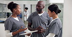 People, medical team or discussion with clipboard for administration, tasks or clinic schedule. Nurse, group or healthcare workers with document for patient history, results or delegation in hospital