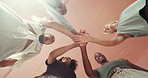 Applause, hands and huddle with women in studio together for health, wellness or yoga from below. Exercise, fitness and palm with group of friends in circle for energy, excitement or pilates class