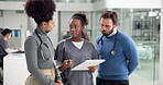 Collaboration, hospital management and nurse in meeting together for feedback, report or review of healthcare. Administration, clipboard and speaking with medical people in clinic for discussion