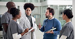 Doctor, hospital manager with tablet and nurses in meeting together for feedback, healthcare or report. Administration, internet and talking with medical people in clinic for discussion or planning