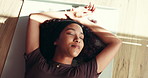 Above, woman and relax on mat in yoga class for fitness break, holistic exercise and inner peace. Female person, resting and thinking with zen, stress relief and muscle recovery from pilates routine