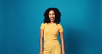 Face, funny and woman in studio for fashion, trendy clothes and isolated on blue background. Portrait, style and female model with confidence, laugh and happy with outfit on mockup space in Brazil