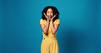 Woman, face and excited with surprise in studio, announcement or mockup space on blue background. Girl, wow and portrait with shock for good news, giveaway or win prize with competition in Costa Rica