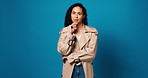 Thinking, vision and face of woman in studio for perspective, decision and brainstorming. Reflection, idea and problem solving with person on blue background space for choice, memory and question