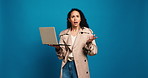 Face, thinking and woman in studio, laptop and internet with website info on blue background. Space, questions and entrepreneur with pc, confused and decision with online reading or problem solving