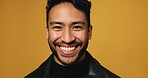 Creative director, face and laughing with man on yellow background for fashion company satisfaction. Agency, business and funny with excited event stylist on studio space for comedy or humor
