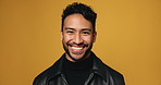 Creative director, face and funny with man on yellow background for fashion company satisfaction. Agency, business and laughing with excited event stylist on studio space for comedy or humor