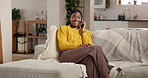 Phone call, funny and black woman in home for talking, gossip and communication with contact. Mobile, joke and happy person with conversation for humor, laugh and story with good news in living room