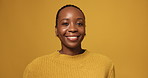 Teacher, happy and face of black woman in studio with confidence for education career growth. Smile, professional and portrait of African educator with pride for job development by yellow background.