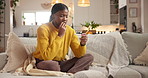 Stress, home and black woman on sofa, pregnancy test and anxiety with bad news in living room. Health risk, pregnant and African person on couch, maternity and check results with mistake and unhappy