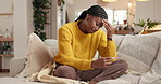 Black woman, headache and stress with maternity test on sofa for unplanned pregnancy or mistake. Female person, anxiety or depression with pregnant stick for IVF, medical results or screening in home