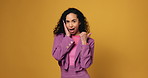 Pointing, shock and presentation with face of woman for show, advertising and idea. Announcement, wow and deal with business person on studio background for opportunity, offer and news mockup space