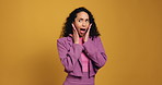 Face, surprise and woman in studio, pointing and announcement on blue background. Portrait, space or person with promotion, shock or good news with winner, omg or discount deal with facial expression