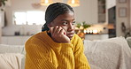 Thinking, stress and sad black woman in home with anxiety, worry and contemplating decision for debt. Unhappy, reflection and person in living room with challenge, regret and financial crisis