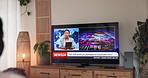 Person, watching tv and screen for news headline with back, AI and industrial revolution at home. Television, broadcast and program job security, artificial intelligence or employment crisis on show