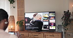 Woman, relax and screen for watching tv at house for streaming, movie decision and series preview. Back, person and phone with television with film options, review show and subscription entertainment