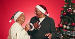 Senior, happy couple or playing instrument with christmas tree on a red studio background. Elderly, man and woman with jingle bells for festive spirit, music or december holiday celebration together
