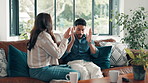 Couple, stress and argument on sofa, home and fight with affair, divorce or discussion in lounge. People, woman and man in living room, conflict and frustrated in angry conversation on couch at house